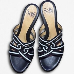 Sofft Womens Leather Strappy Slide Sandals Black White Heeled Mules Size 7M